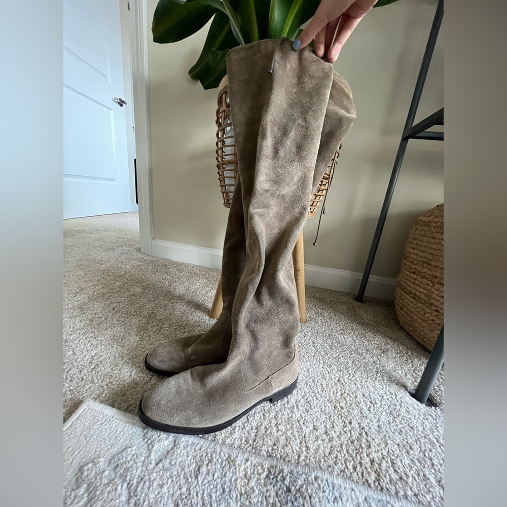 Adorable over the knee suede boots! Beige color. Great with a dress/cute jeans